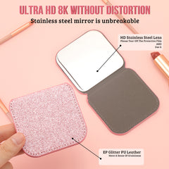 Dreamy Glittery Leather Folding Makeup Mirror with built-in high-definition stainless steel lens. In stock in blue, rose pink, pink, and gold. Desktop stand, portable, and lightweight, adding a touch of color to your beautiful moments