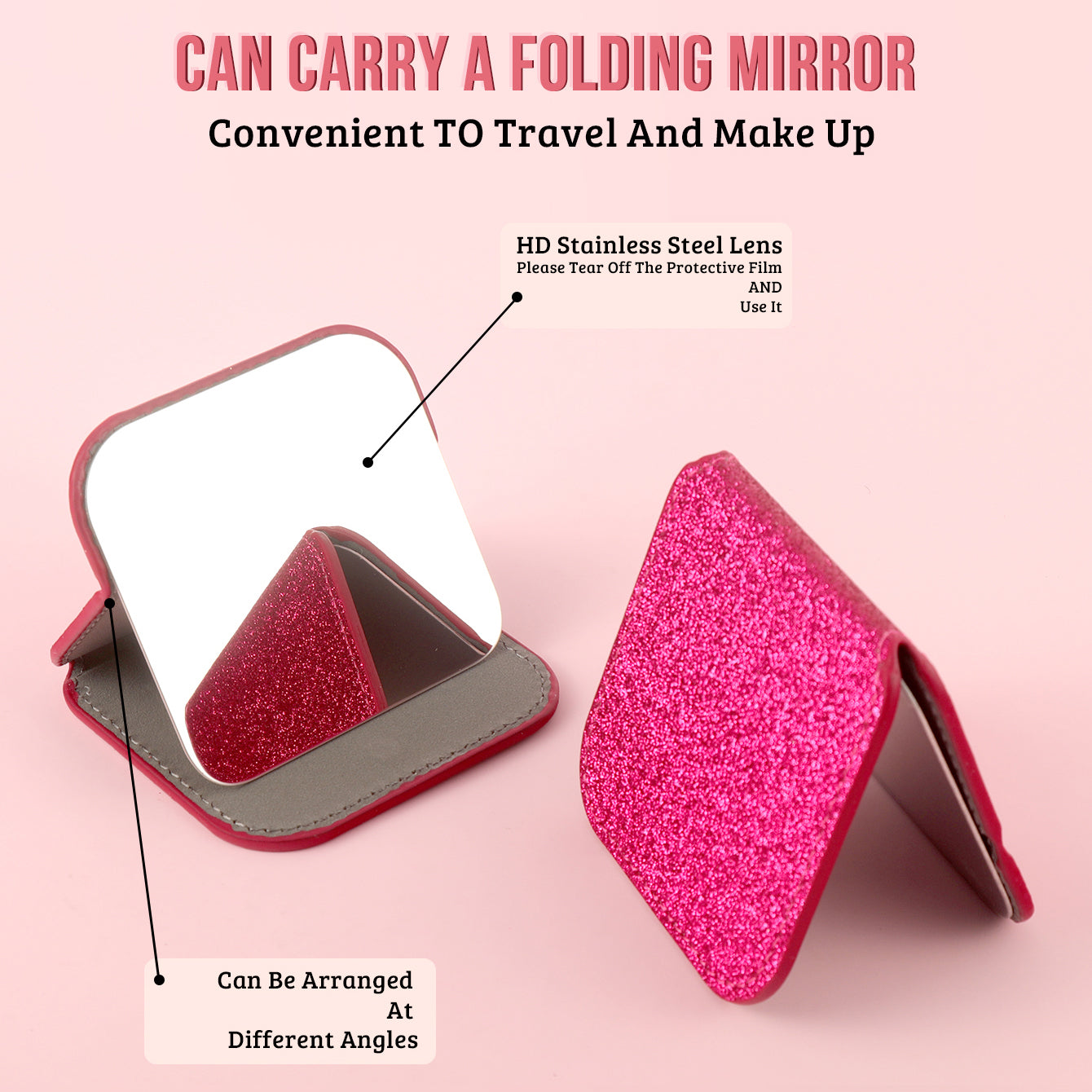 Dreamy Glittery Leather Folding Makeup Mirror with built-in high-definition stainless steel lens. In stock in blue, rose pink, pink, and gold. Desktop stand, portable, and lightweight, adding a touch of color to your beautiful moments