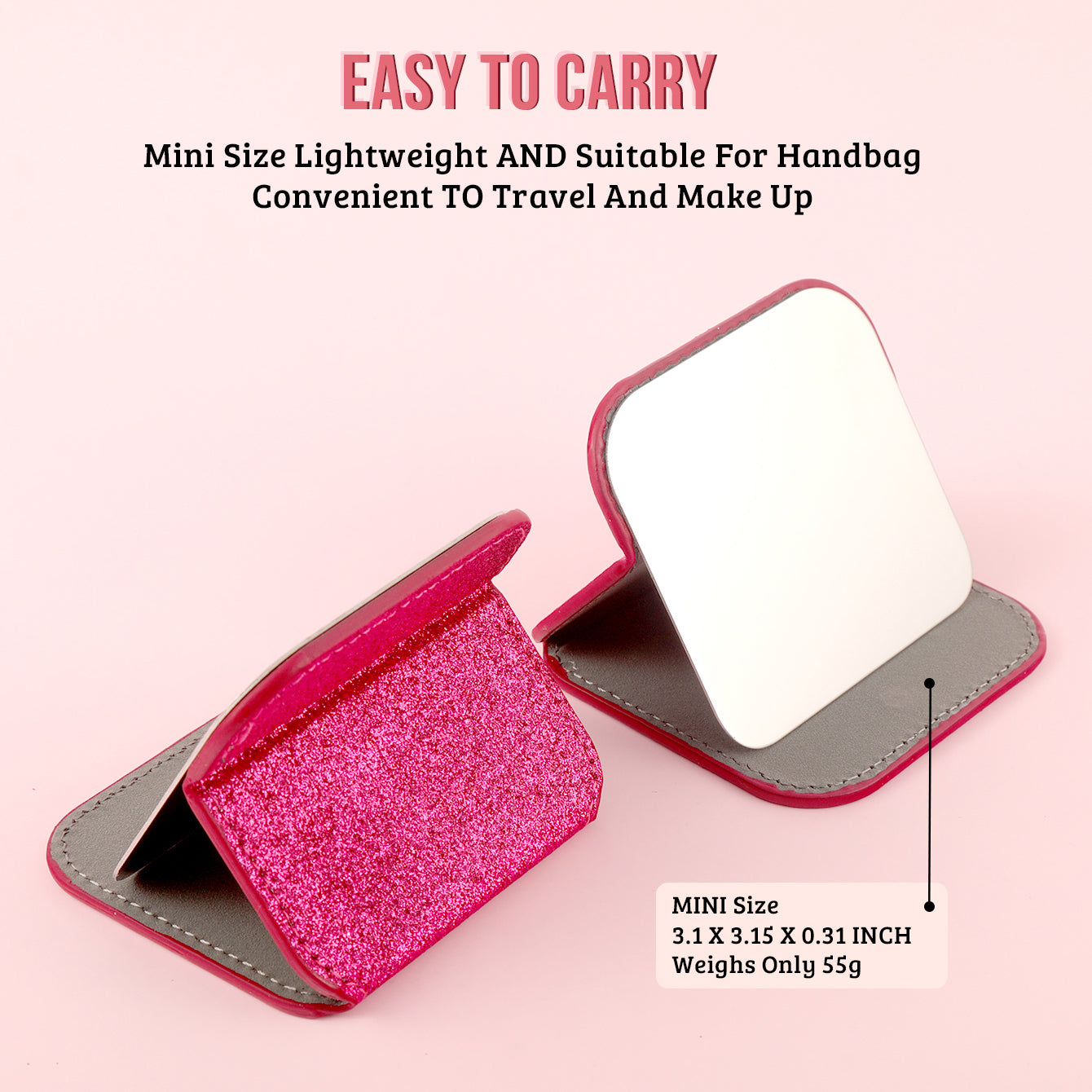 Dreamy Glittery Leather Folding Makeup Mirror with built-in high-definition stainless steel lens. In stock in blue, rose pink, pink, and gold. Desktop stand, portable, and lightweight, adding a touch of color to your beautiful moments