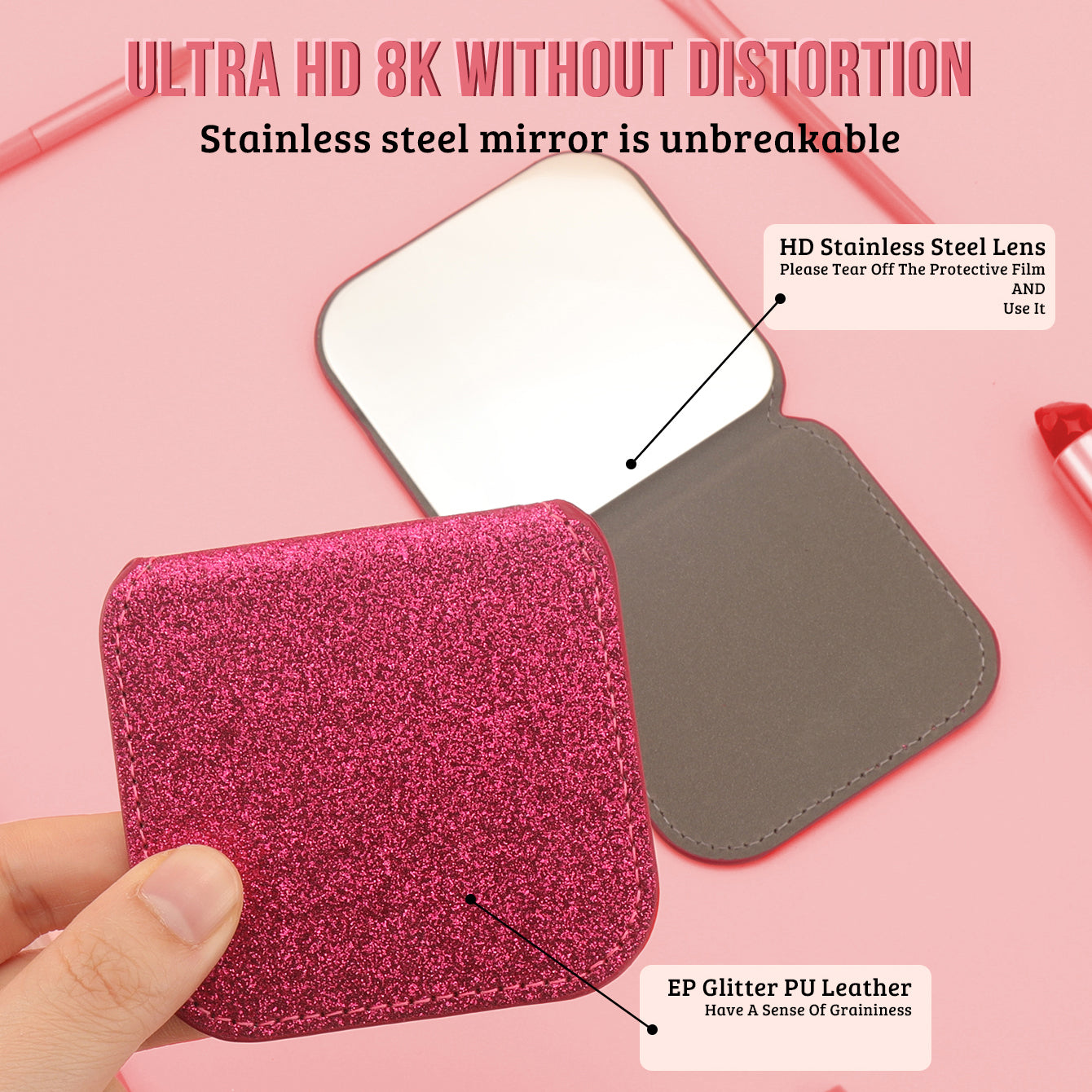 Dreamy Glittery Leather Folding Makeup Mirror with built-in high-definition stainless steel lens. In stock in blue, rose pink, pink, and gold. Desktop stand, portable, and lightweight, adding a touch of color to your beautiful moments