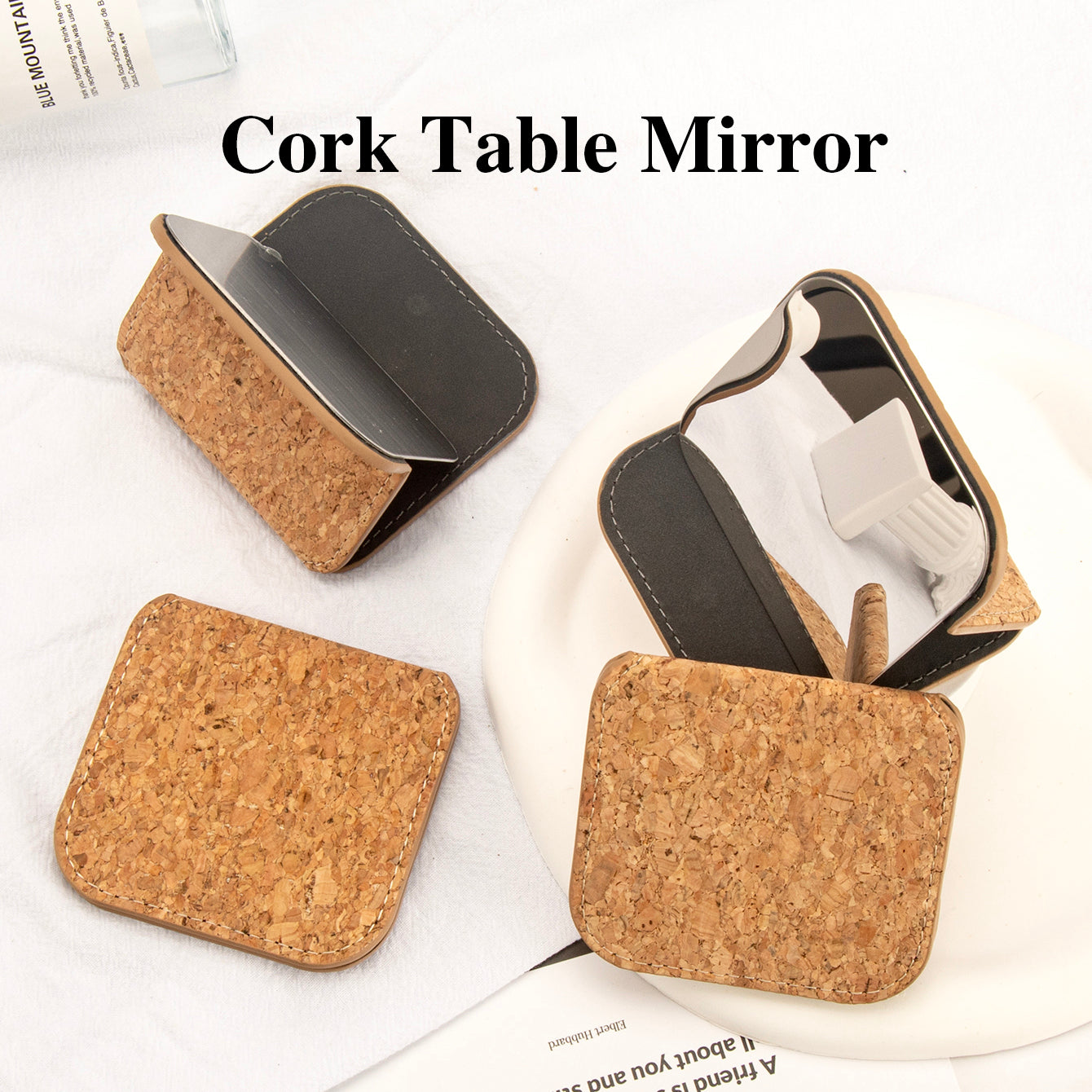 Stylish cork leather, high-definition stainless steel mirror, foldable makeup mirror, in stock for immediate delivery. Suitable for tabletop display, lightweight, and portable, with a focus on eco-friendly quality.