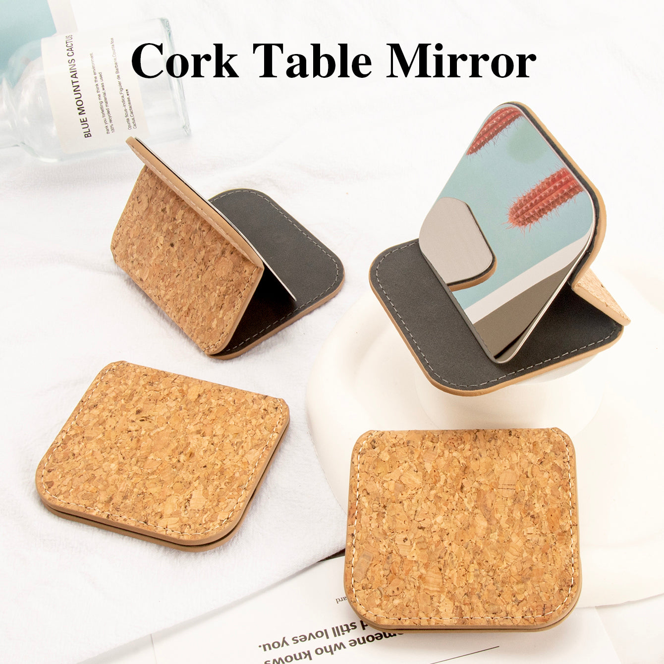 Stylish cork leather, high-definition stainless steel mirror, foldable makeup mirror, in stock for immediate delivery. Suitable for tabletop display, lightweight, and portable, with a focus on eco-friendly quality.