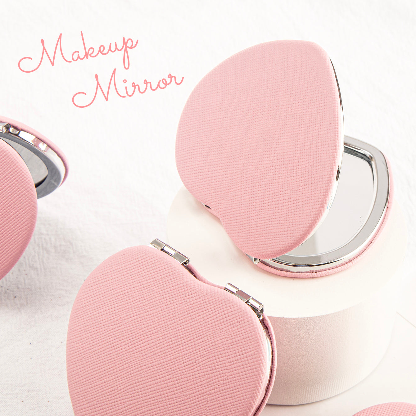 ✨ Unleash the Glam: 65mm Heart-Shaped Double-Sided Makeup Mirror! Silver Plating, Dreamy Pink PU Leather Wrap, 2x Magnification on One Side, Crystal Clear Glass, In Stock for Instant Glamification! 💖✨