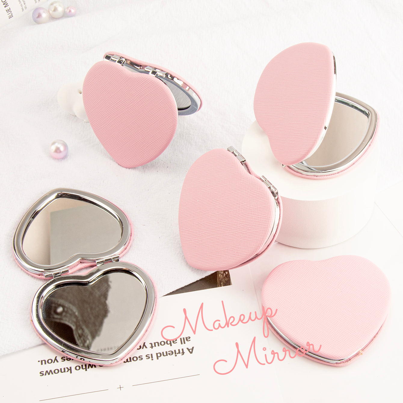 ✨ Unleash the Glam: 65mm Heart-Shaped Double-Sided Makeup Mirror! Silver Plating, Dreamy Pink PU Leather Wrap, 2x Magnification on One Side, Crystal Clear Glass, In Stock for Instant Glamification! 💖✨