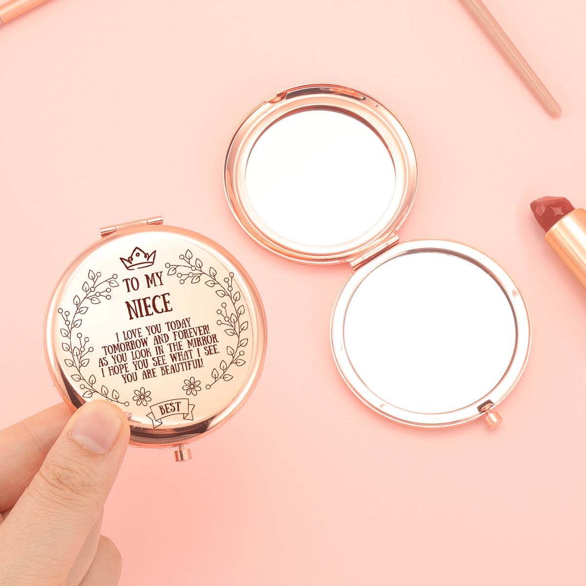 Chic 65mm Rose Gold Makeup Mirror for Niece! 🌹 Double-sided, 2x magnification, HD glass, and a personalized blessing. In stock, perfect for any festive occasion! ✨