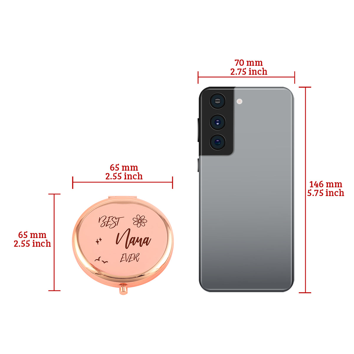 NANA's Rose Gold Mirror 🌹🎀 65mm Circular, Double-Sided Button Design. Elegant Electroplating with Heartfelt Blessings. 2x Magnification, High-Def Glass for Flawless Makeup. In-Stock, Perfect for Gifting Warmth and Radiance. ✨💖