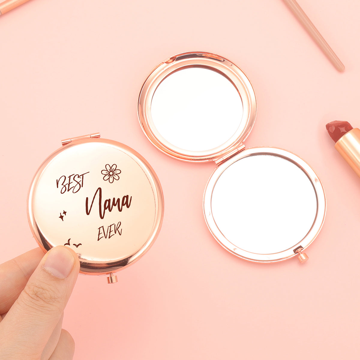 NANA's Rose Gold Mirror 🌹🎀 65mm Circular, Double-Sided Button Design. Elegant Electroplating with Heartfelt Blessings. 2x Magnification, High-Def Glass for Flawless Makeup. In-Stock, Perfect for Gifting Warmth and Radiance. ✨💖