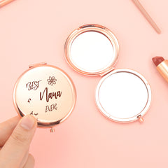 NANA's Rose Gold Mirror 🌹🎀 65mm Circular, Double-Sided Button Design. Elegant Electroplating with Heartfelt Blessings. 2x Magnification, High-Def Glass for Flawless Makeup. In-Stock, Perfect for Gifting Warmth and Radiance. ✨💖