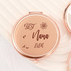 NANA's Rose Gold Mirror 🌹🎀 65mm Circular, Double-Sided Button Design. Elegant Electroplating with Heartfelt Blessings. 2x Magnification, High-Def Glass for Flawless Makeup. In-Stock, Perfect for Gifting Warmth and Radiance. ✨💖