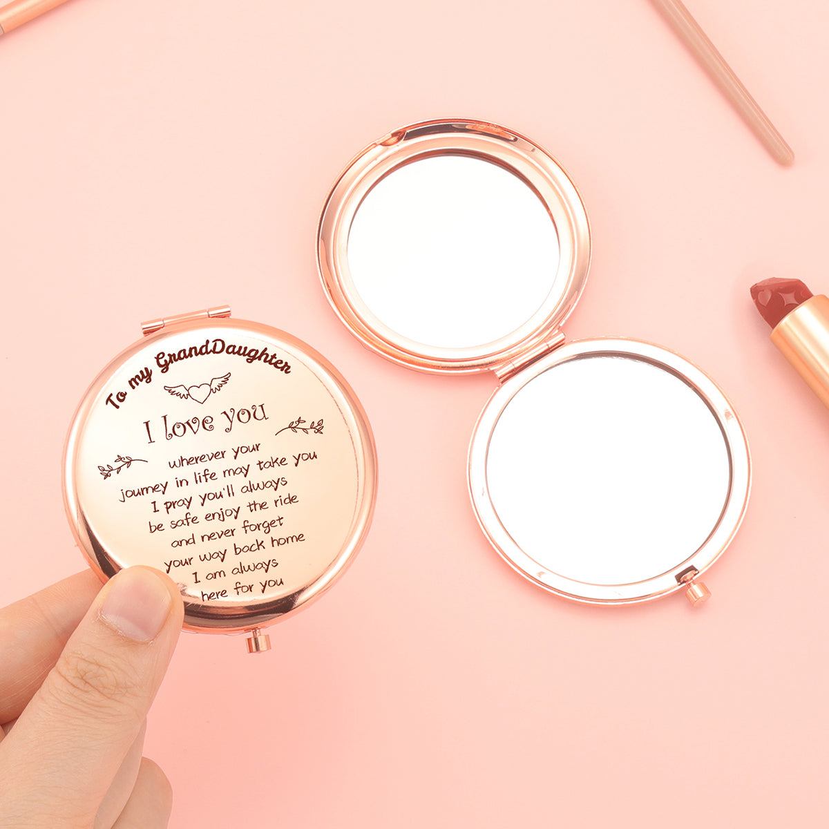 Must-Have for Your Beauty Routine! 65mm Rose Gold Electroplated Double-Sided Makeup Mirror with a Heartfelt Granddaughter Blessing. Featuring 2x Magnification, High-Definition Glass, and Ready-to-Ship Stock. Ideal Gift for Any Festive Occasion!