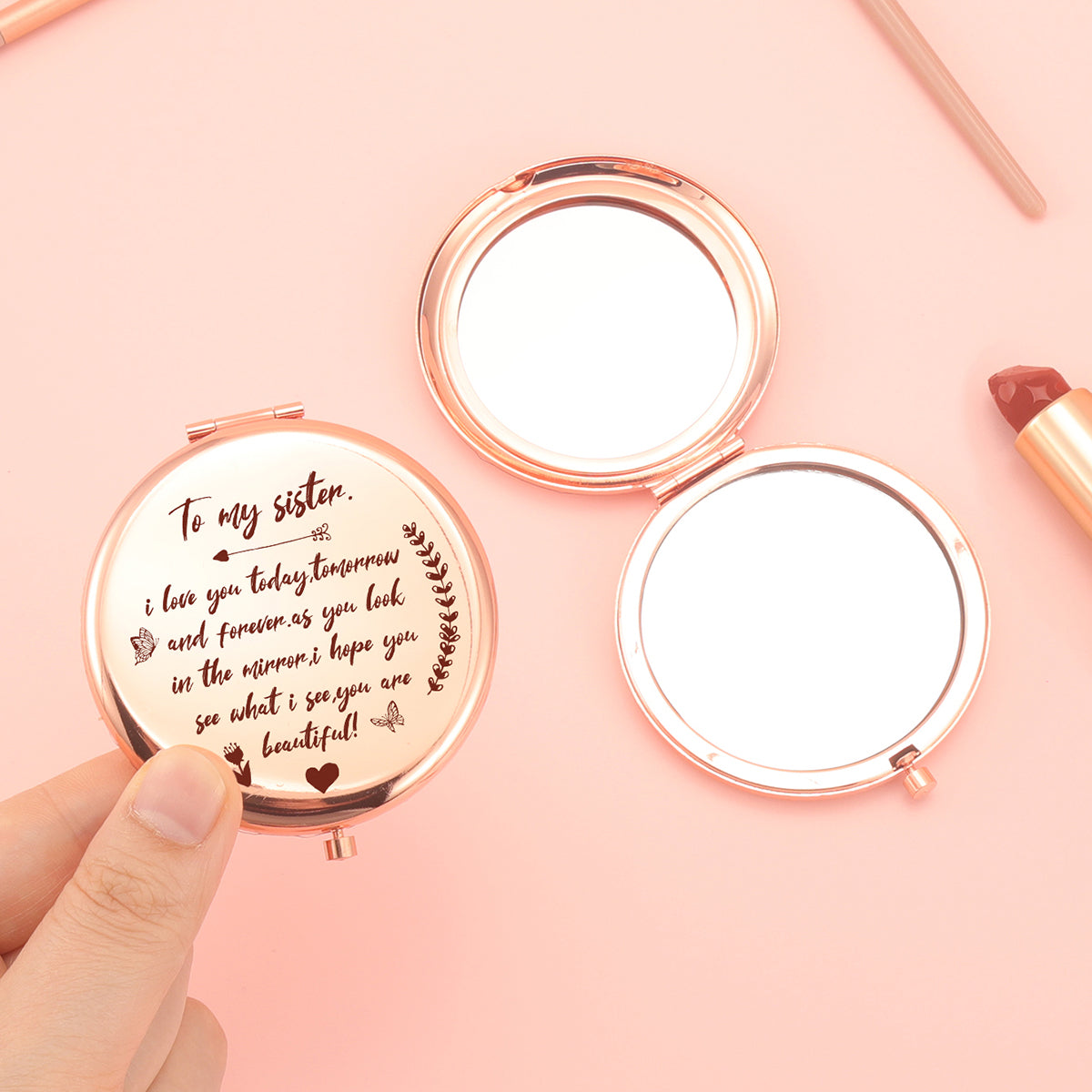 "✨Goddess Glam✨ 65mm Round Double-sided Button Makeup Mirror, Romantic Rose Gold Plating, Sweet Blessings Engraved, 2x Magnification, HD Glass, In Stock for Quick Delivery! The perfect gift for your sister, ideal for all kinds of festive occasions! 💖