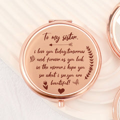 "✨Goddess Glam✨ 65mm Round Double-sided Button Makeup Mirror, Romantic Rose Gold Plating, Sweet Blessings Engraved, 2x Magnification, HD Glass, In Stock for Quick Delivery! The perfect gift for your sister, ideal for all kinds of festive occasions! 💖