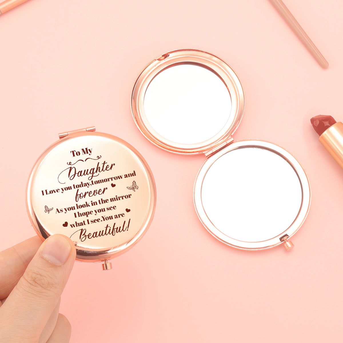 🌹 Elegant 65mm Round Makeup Mirror, Dual-Sided Button Design in Rose Gold. A heartfelt blessing for your daughter engraved. 2x magnification, HD glass, in stock. Perfect for any occasion! ✨🎁