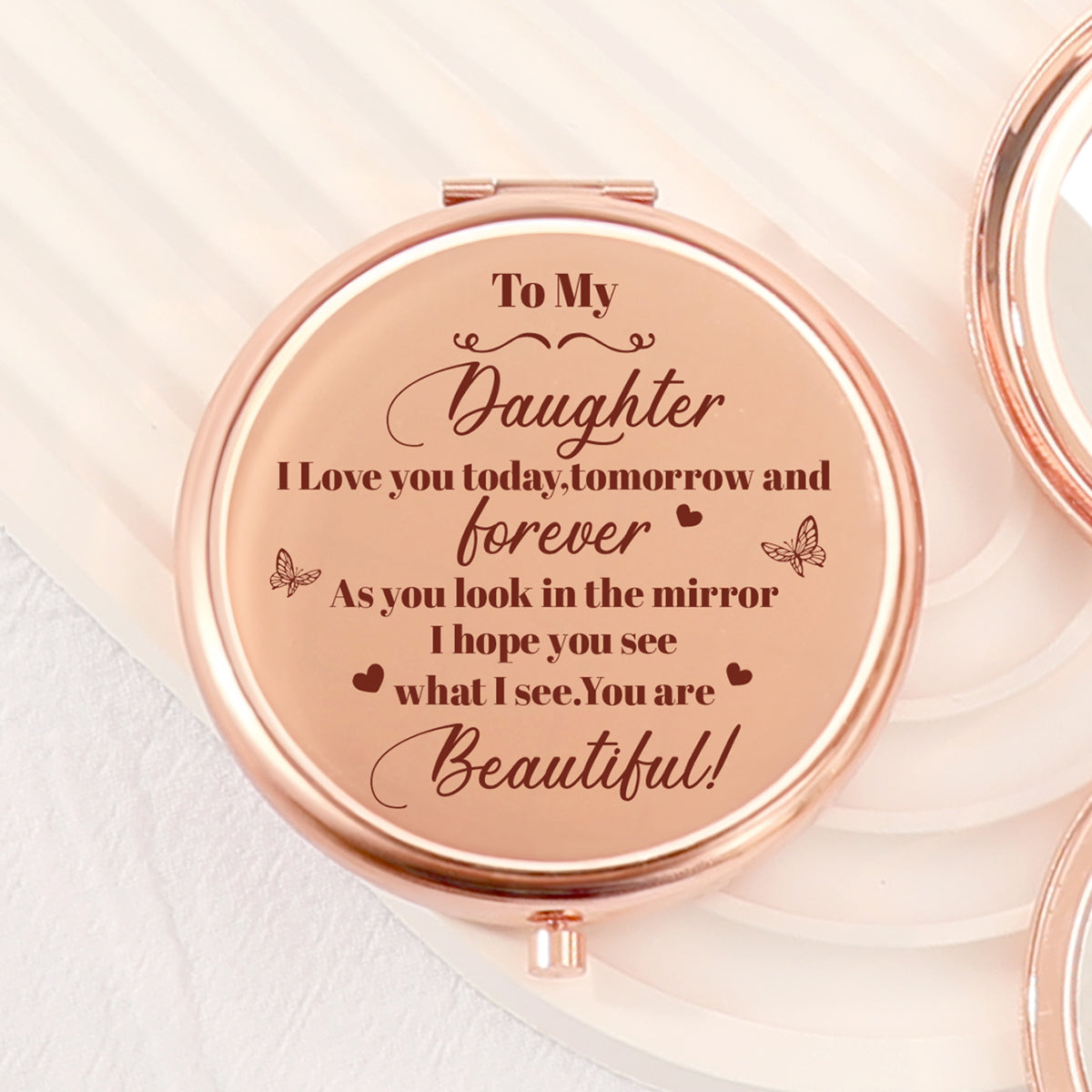 🌹 Elegant 65mm Round Makeup Mirror, Dual-Sided Button Design in Rose Gold. A heartfelt blessing for your daughter engraved. 2x magnification, HD glass, in stock. Perfect for any occasion! ✨🎁