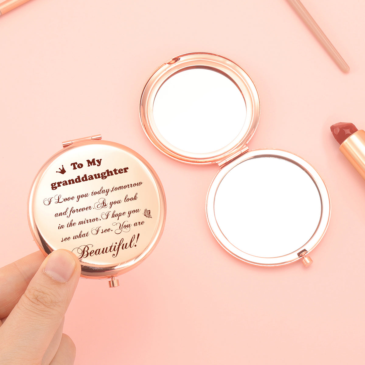 Must-Have for Your Beauty Routine! 65mm Rose Gold Electroplated Double-Sided Makeup Mirror with a Heartfelt Granddaughter Blessing. Featuring 2x Magnification, High-Definition Glass, and Ready-to-Ship Stock. Ideal Gift for Any Festive Occasion!