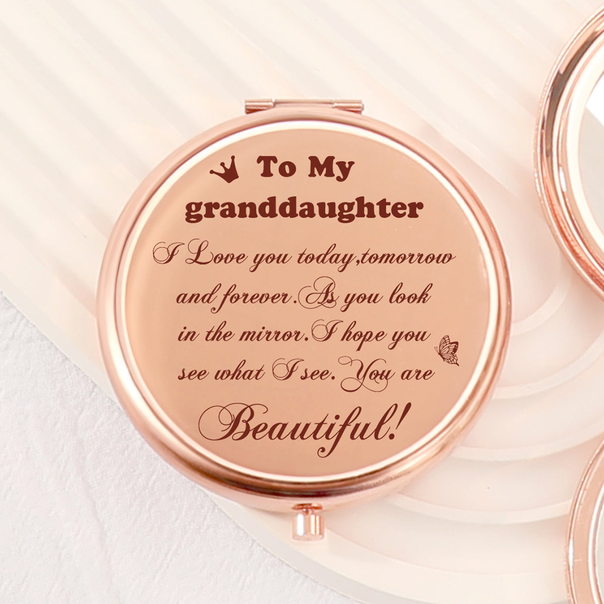 Must-Have for Your Beauty Routine! 65mm Rose Gold Electroplated Double-Sided Makeup Mirror with a Heartfelt Granddaughter Blessing. Featuring 2x Magnification, High-Definition Glass, and Ready-to-Ship Stock. Ideal Gift for Any Festive Occasion!