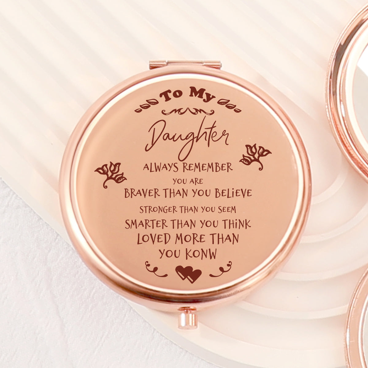 🌹 Elegant 65mm Round Makeup Mirror, Dual-Sided Button Design in Rose Gold. A heartfelt blessing for your daughter engraved. 2x magnification, HD glass, in stock. Perfect for any occasion! ✨🎁