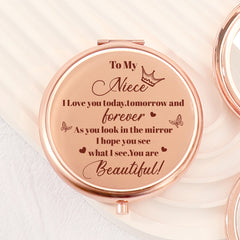 Chic 65mm Rose Gold Makeup Mirror for Niece! 🌹 Double-sided, 2x magnification, HD glass, and a personalized blessing. In stock, perfect for any festive occasion! ✨