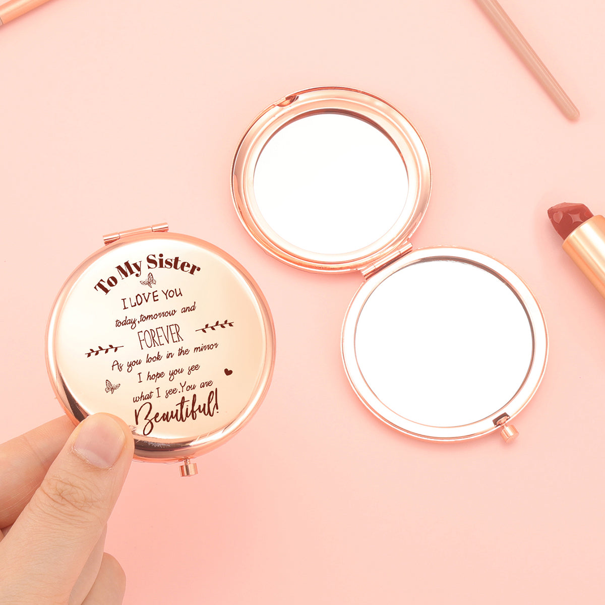 "✨Goddess Glam✨ 65mm Round Double-sided Button Makeup Mirror, Romantic Rose Gold Plating, Sweet Blessings Engraved, 2x Magnification, HD Glass, In Stock for Quick Delivery! The perfect gift for your sister, ideal for all kinds of festive occasions! 💖