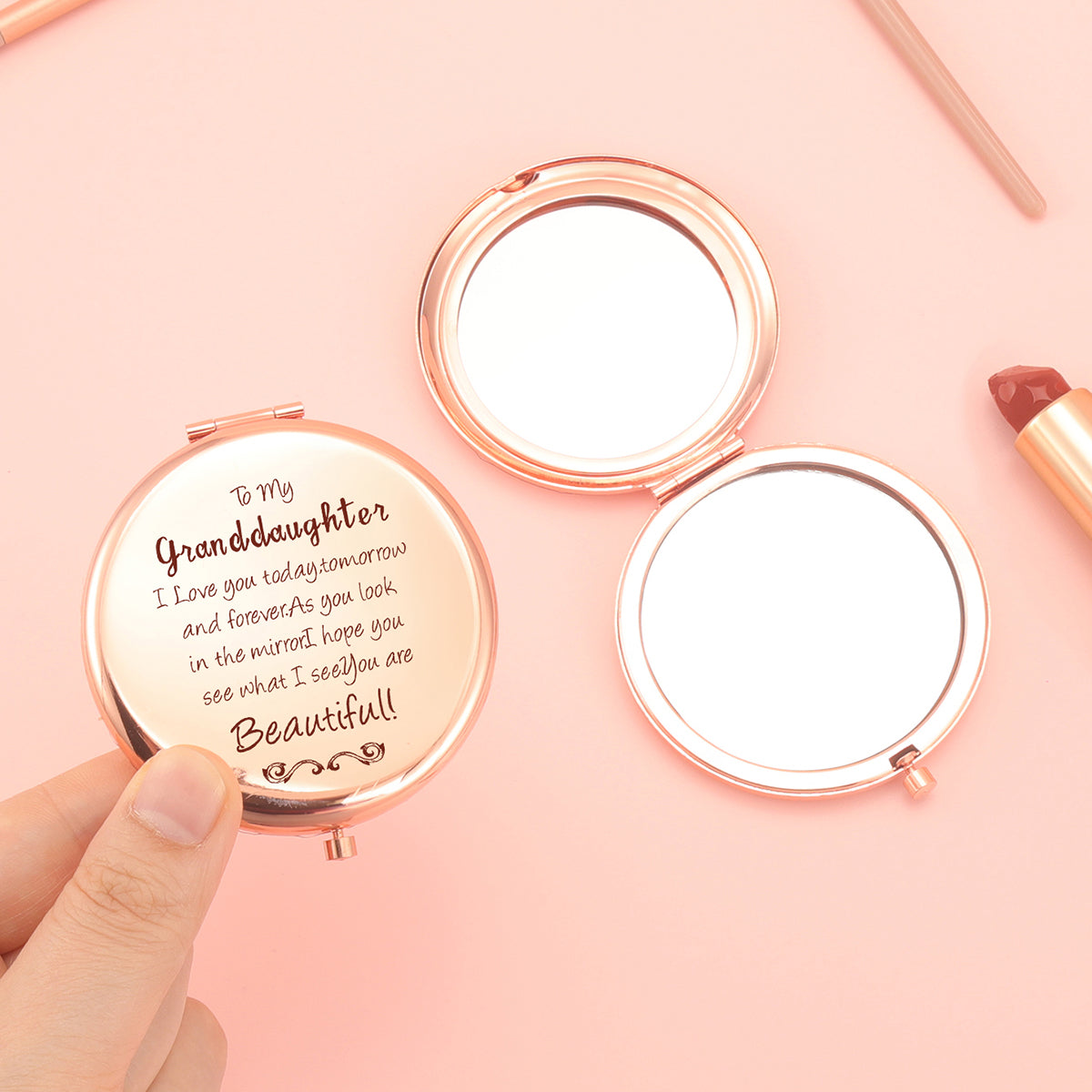 Must-Have for Your Beauty Routine! 65mm Rose Gold Electroplated Double-Sided Makeup Mirror with a Heartfelt Granddaughter Blessing. Featuring 2x Magnification, High-Definition Glass, and Ready-to-Ship Stock. Ideal Gift for Any Festive Occasion!