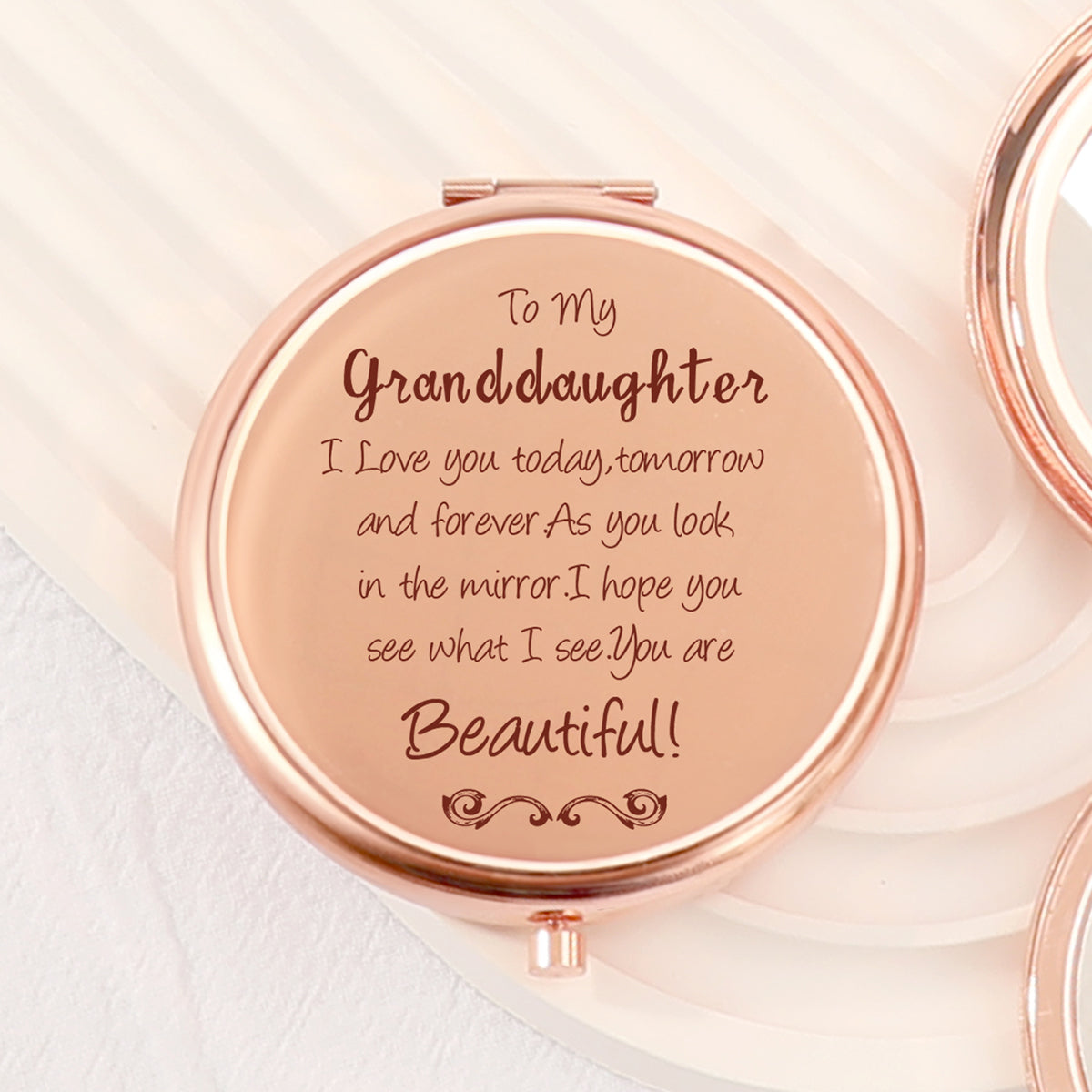 Must-Have for Your Beauty Routine! 65mm Rose Gold Electroplated Double-Sided Makeup Mirror with a Heartfelt Granddaughter Blessing. Featuring 2x Magnification, High-Definition Glass, and Ready-to-Ship Stock. Ideal Gift for Any Festive Occasion!