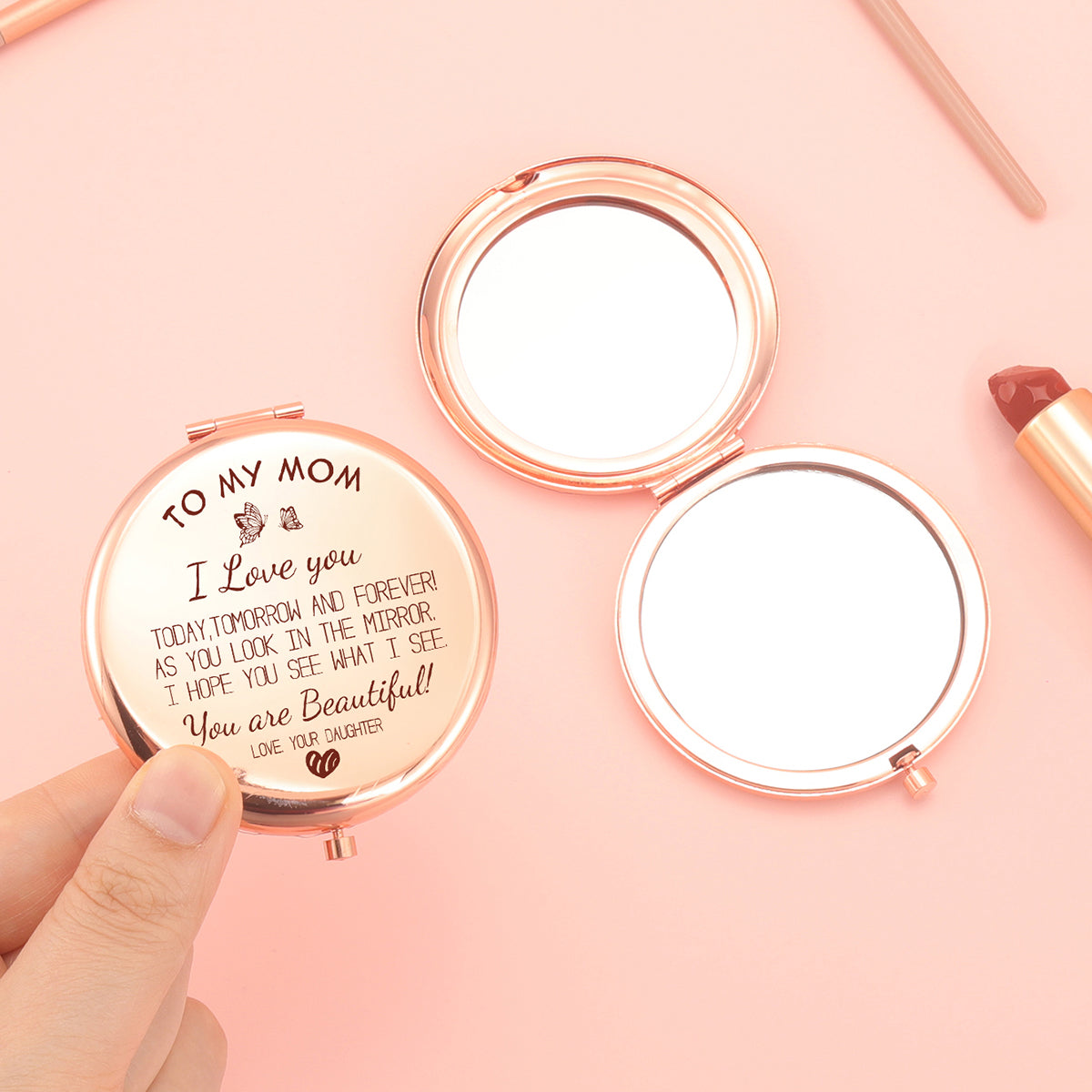 Limited Edition: 65mm Round Dual-Sided Button Mirror in Romantic Rose Gold. Mom's Blessings engraved, 2x Magnification, HD Glass, In-stock for quick delivery. Perfect for any festive occasion, a thoughtful gift choice! 🌹💄✨