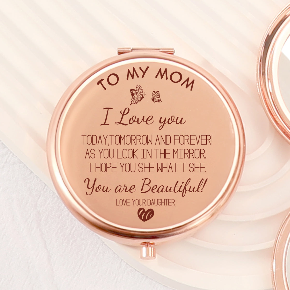 Limited Edition: 65mm Round Dual-Sided Button Mirror in Romantic Rose Gold. Mom's Blessings engraved, 2x Magnification, HD Glass, In-stock for quick delivery. Perfect for any festive occasion, a thoughtful gift choice! 🌹💄✨