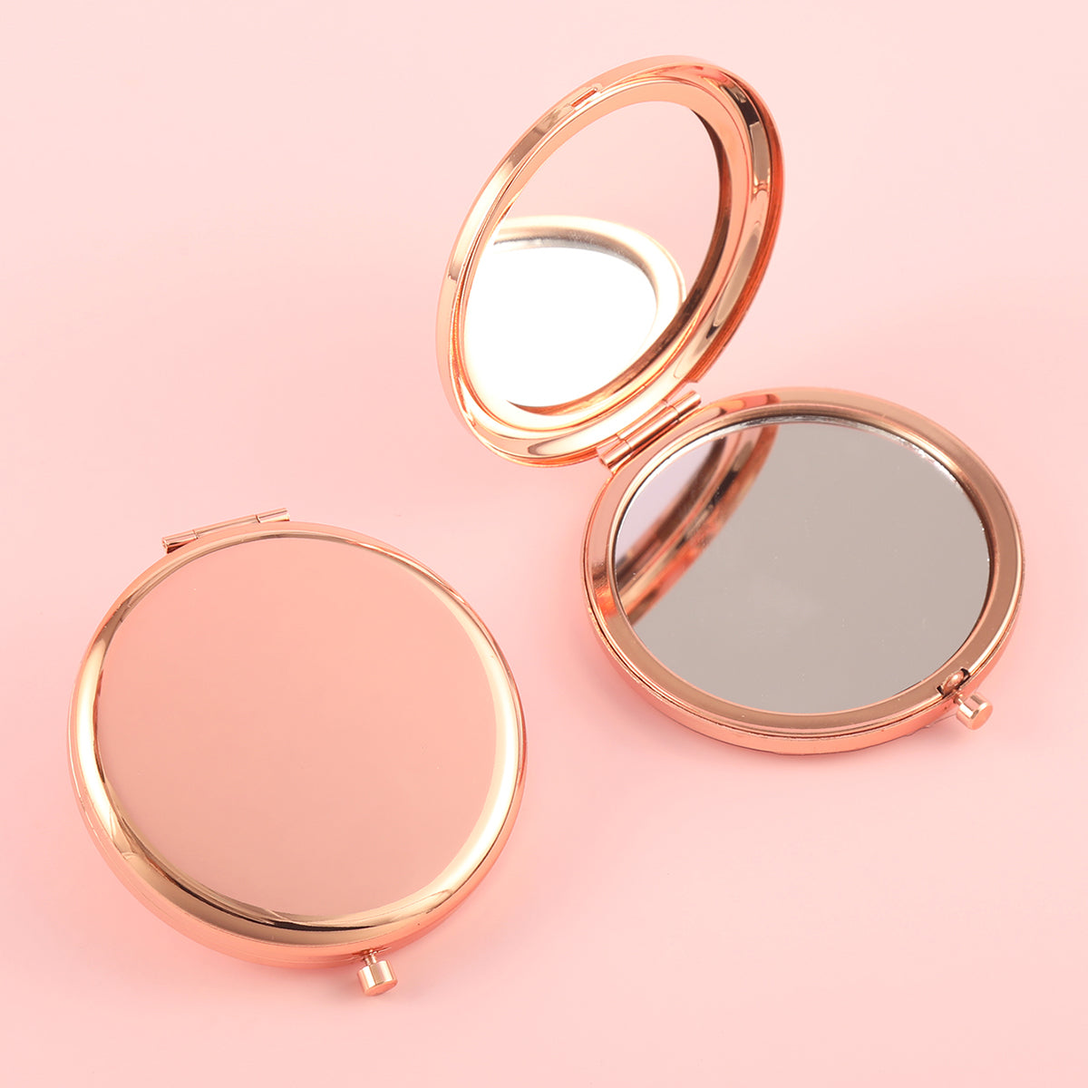 Stock Rose Gold Button Makeup Mirror - Rose Gold Plating, 65mm Diameter Circular Shape, Double-Sided Glossy, Perfect for DIY Customization, 2X Magnification Lens