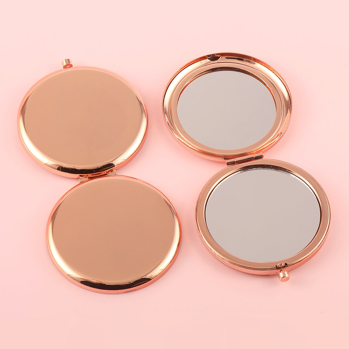 Stock Rose Gold Button Makeup Mirror - Rose Gold Plating, 65mm Diameter Circular Shape, Double-Sided Glossy, Perfect for DIY Customization, 2X Magnification Lens