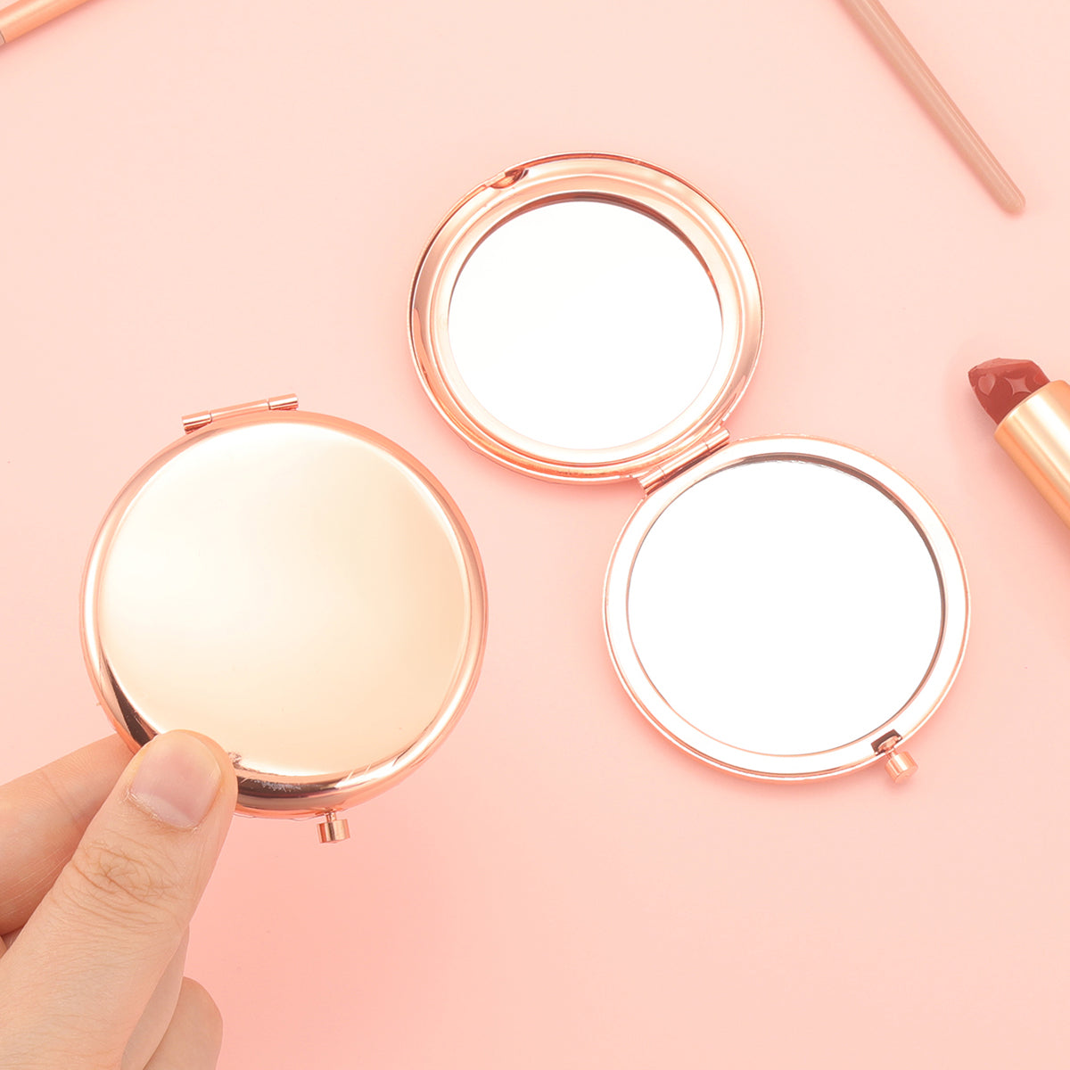 Stock Rose Gold Button Makeup Mirror - Rose Gold Plating, 65mm Diameter Circular Shape, Double-Sided Glossy, Perfect for DIY Customization, 2X Magnification Lens