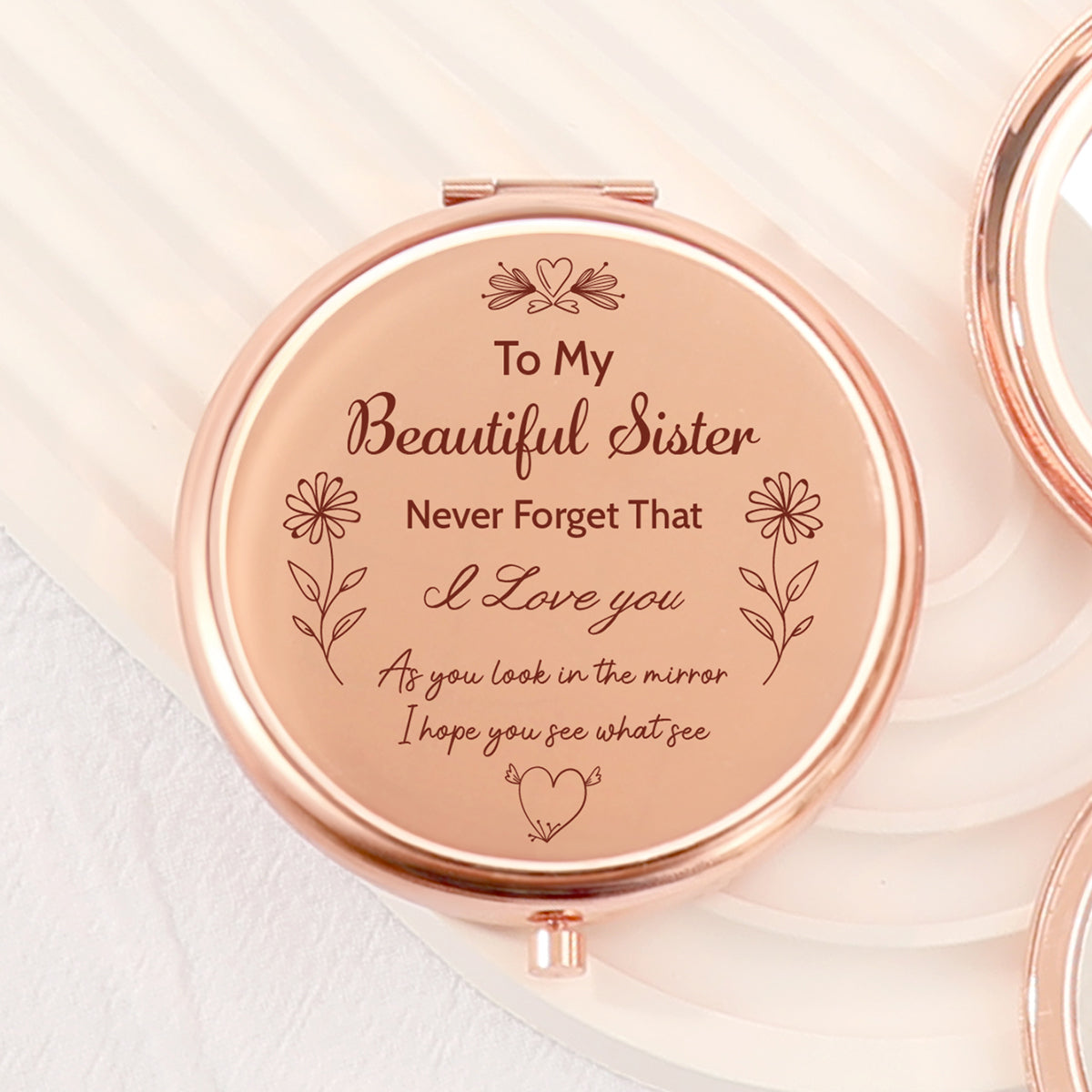 "✨Goddess Glam✨ 65mm Round Double-sided Button Makeup Mirror, Romantic Rose Gold Plating, Sweet Blessings Engraved, 2x Magnification, HD Glass, In Stock for Quick Delivery! The perfect gift for your sister, ideal for all kinds of festive occasions! 💖