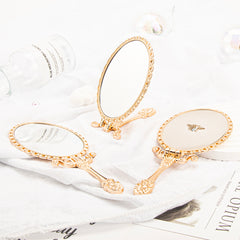 Light Gold Plated Oval Handle Mirror - Vintage European Design, Foldable with Bee and Leather Accents, Gift Box Packaging