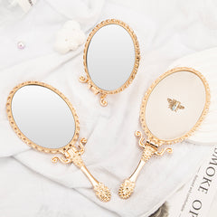 Light Gold Plated Oval Handle Mirror - Vintage European Design, Foldable with Bee and Leather Accents, Gift Box Packaging