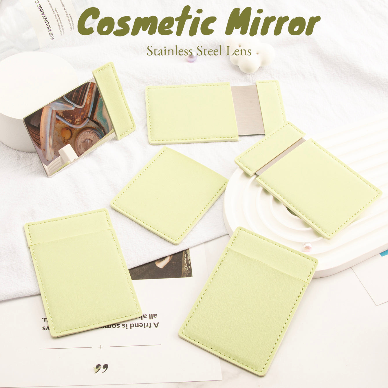 ✨ Pull-Out 8K HD Stainless Steel Makeup Mirror 🌈 Eco-friendly Leather Card Holder, a Chic Gift Choice! 💄✨ Available in Blue, Light Green, Khaki, and Pink!