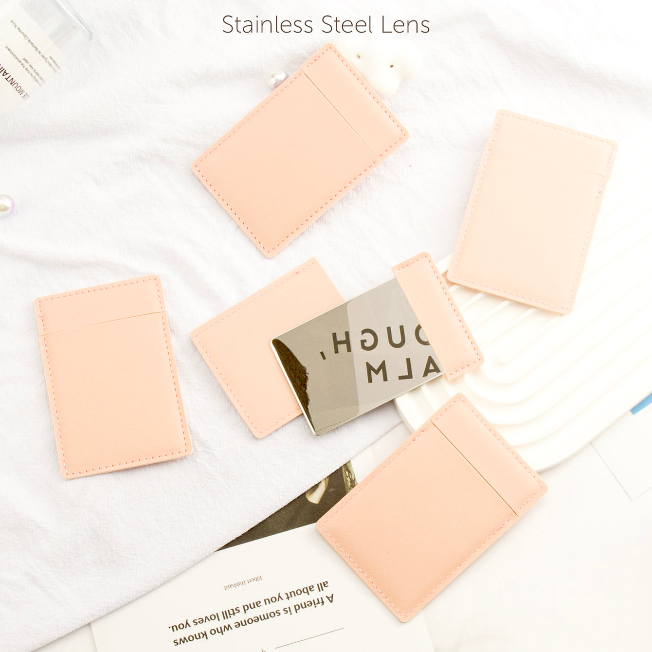 ✨ Pull-Out 8K HD Stainless Steel Makeup Mirror 🌈 Eco-friendly Leather Card Holder, a Chic Gift Choice! 💄✨ Available in Blue, Light Green, Khaki, and Pink!