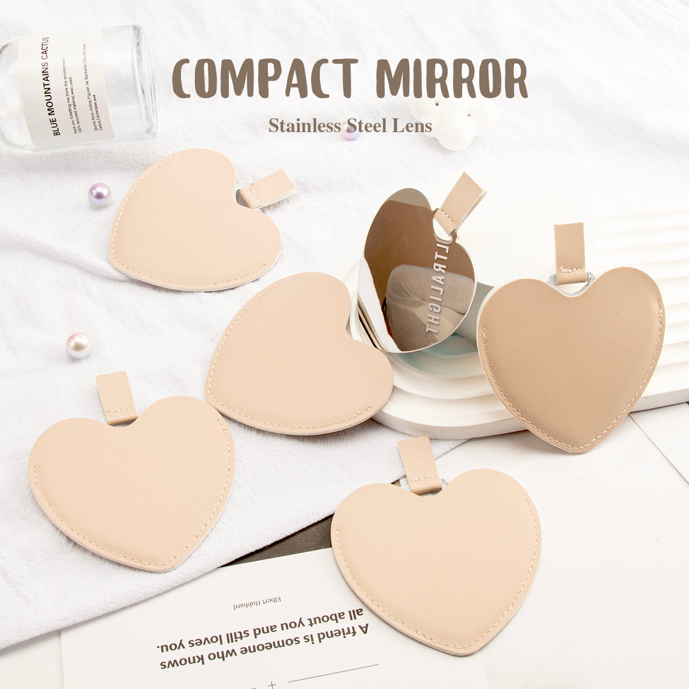 Heart-Shaped Stainless Steel Makeup Mirror - In-stock in Khaki and Black, 8cm Size, Shatterproof Stainless Steel Lens