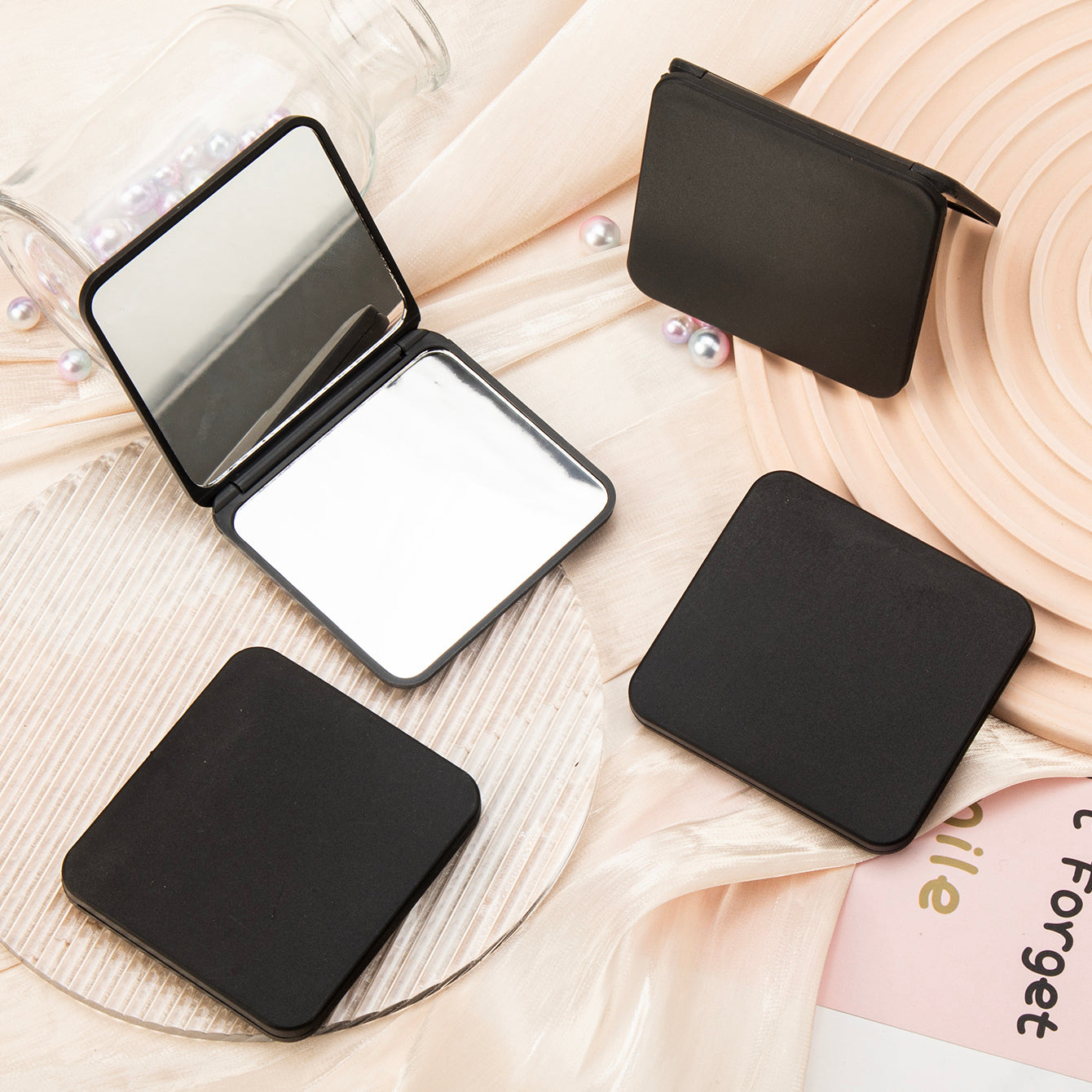 Exclusive INS Style: Double-sided 7cm Square Makeup Mirror in Black, Gray, and Blue. Plastic Material with Standard HD Lenses. Ideal for Promotions!