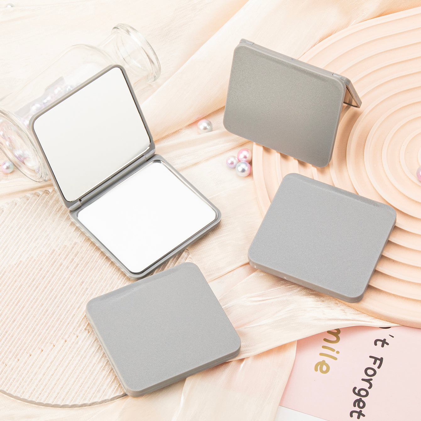 Exclusive INS Style: Double-sided 7cm Square Makeup Mirror in Black, Gray, and Blue. Plastic Material with Standard HD Lenses. Ideal for Promotions!