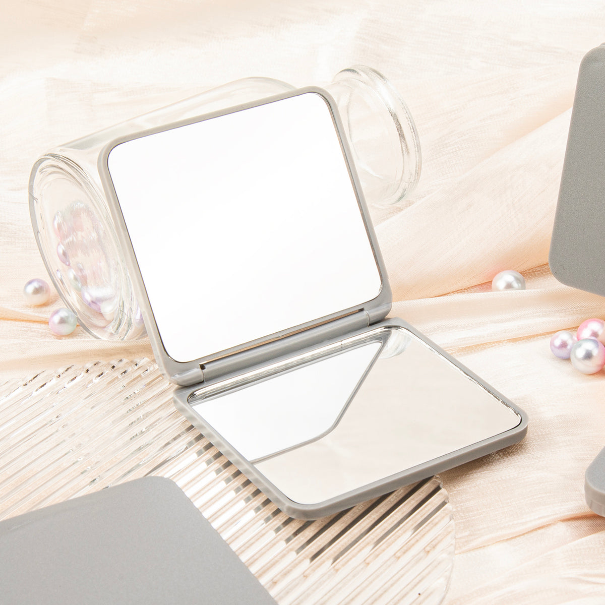 Exclusive INS Style: Double-sided 7cm Square Makeup Mirror in Black, Gray, and Blue. Plastic Material with Standard HD Lenses. Ideal for Promotions!