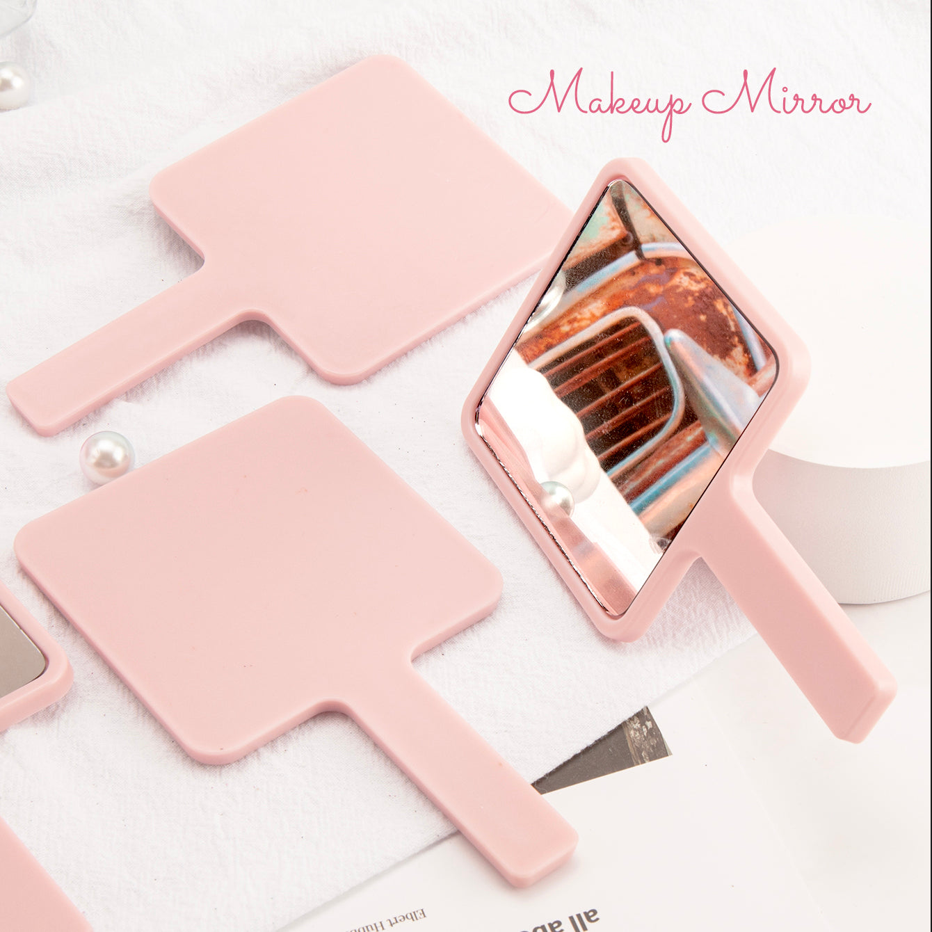 Trendy INS Style Handle Mirror | 75*135mm Square | In Stock Pink | Creative DIY Essential | Lightweight Plastic | HD Lens | Promotional Special!