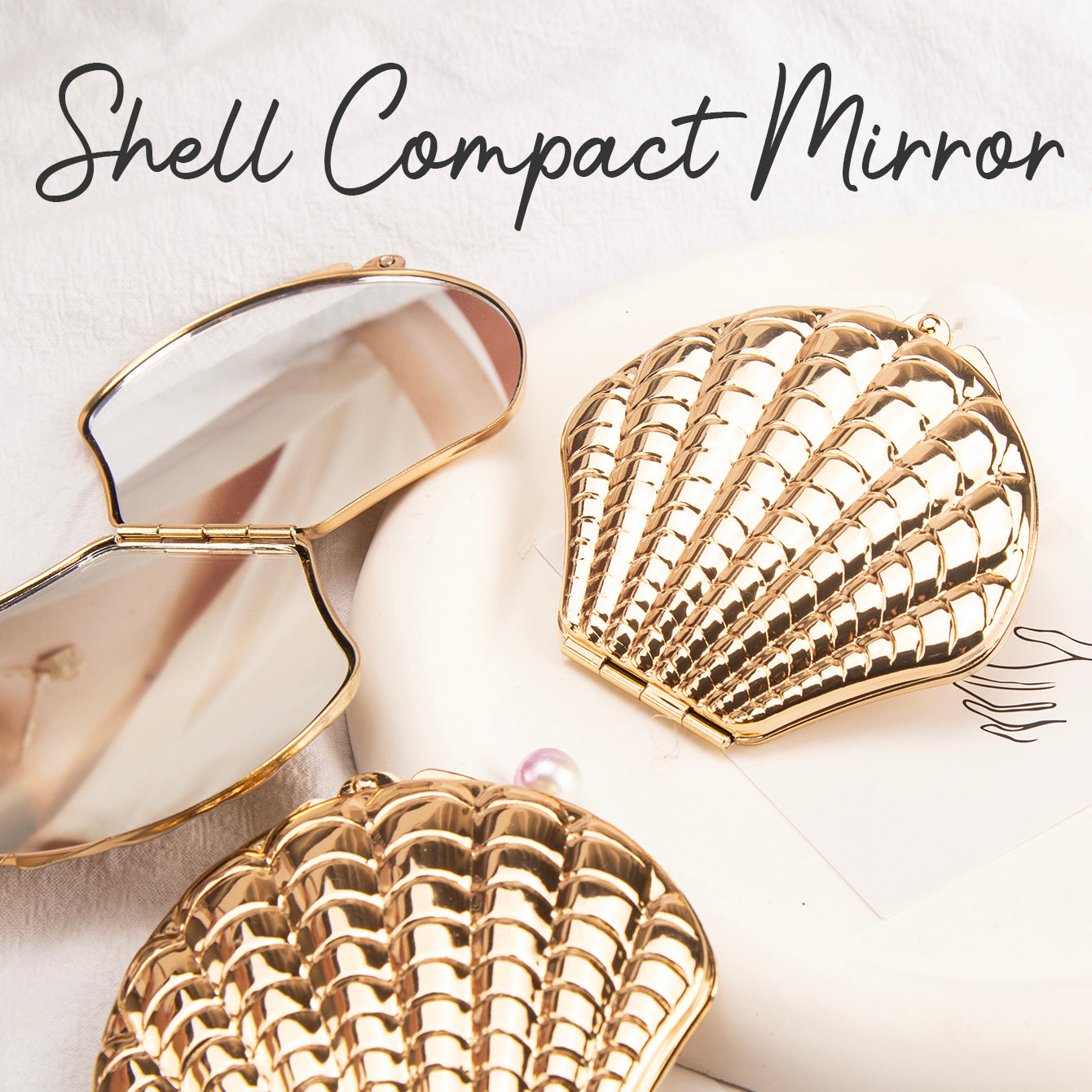 DIY Delight! In-stock Blank Seashell-shaped Makeup Mirror, 70mmX80mm, available in Rose Gold and Silver. Unleash your creativity and craft your own makeup masterpiece