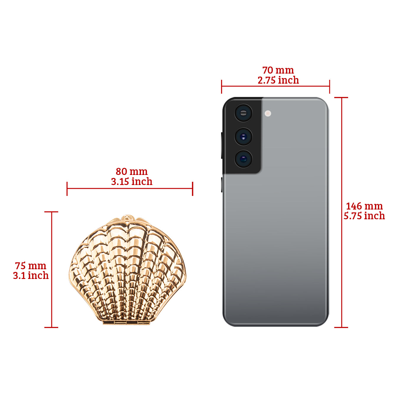 DIY Delight! In-stock Blank Seashell-shaped Makeup Mirror, 70mmX80mm, available in Rose Gold and Silver. Unleash your creativity and craft your own makeup masterpiece