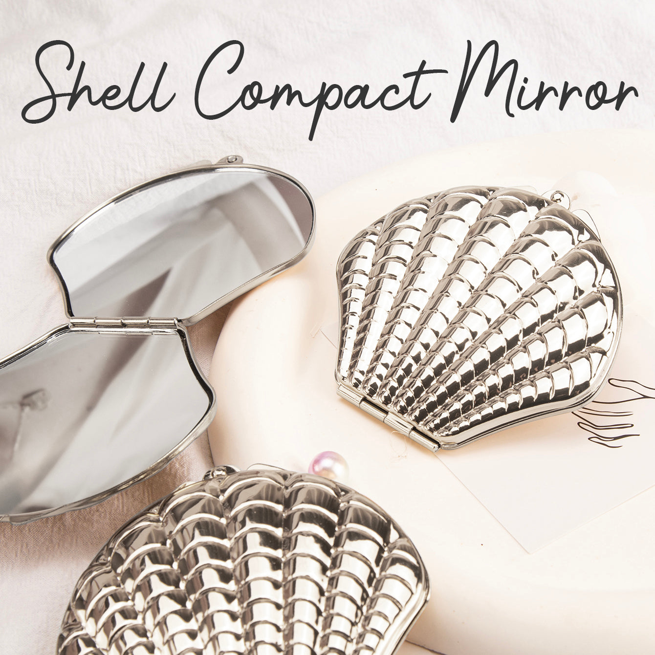 DIY Delight! In-stock Blank Seashell-shaped Makeup Mirror, 70mmX80mm, available in Rose Gold and Silver. Unleash your creativity and craft your own makeup masterpiece