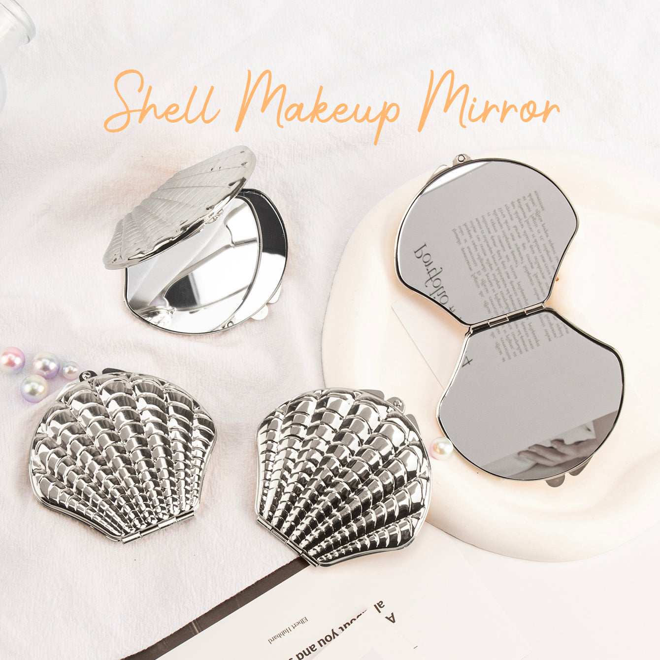 DIY Delight! In-stock Blank Seashell-shaped Makeup Mirror, 70mmX80mm, available in Rose Gold and Silver. Unleash your creativity and craft your own makeup masterpiece