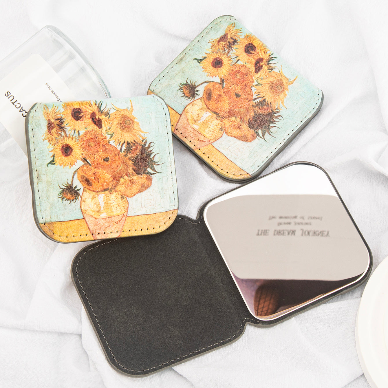 Dreamy Van Gogh Les Tournesols Oil Painting Print 8cm Folding Makeup Mirror, Portable and Versatile, Stainless Steel for Drop Resistance, Perfect Gift for Every Occasion!