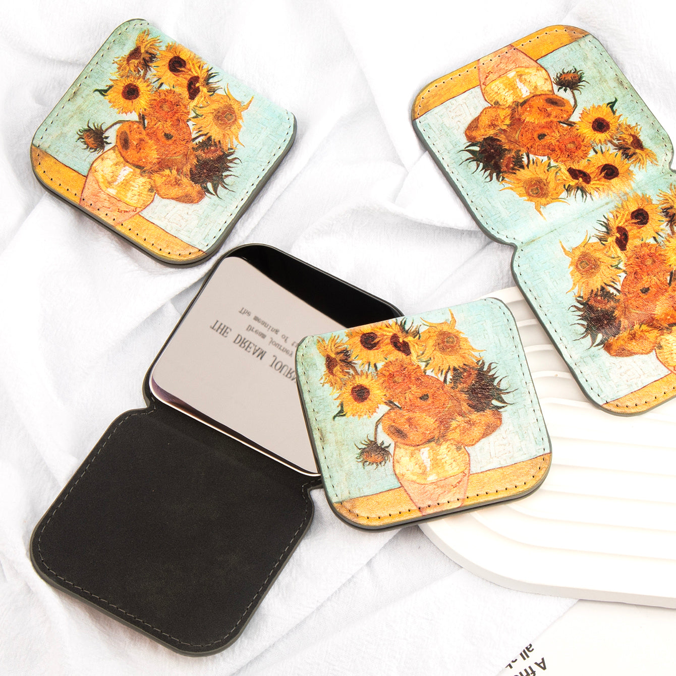 Dreamy Van Gogh Les Tournesols Oil Painting Print 8cm Folding Makeup Mirror, Portable and Versatile, Stainless Steel for Drop Resistance, Perfect Gift for Every Occasion!