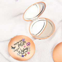 Radiant Elegance: Rose Gold, Round UFO-Shaped Makeup Mirror with Magnetic Clasp, 7cm. Surface Imprinted with Heartfelt Blessings for Mom. Vibrant Color Printing. Perfect for Gifting on Mom's Special Occasions—Holidays, Birthdays, and More!