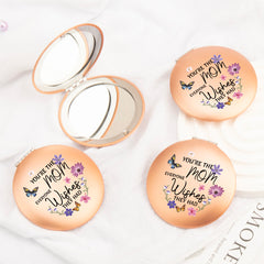 Radiant Elegance: Rose Gold, Round UFO-Shaped Makeup Mirror with Magnetic Clasp, 7cm. Surface Imprinted with Heartfelt Blessings for Mom. Vibrant Color Printing. Perfect for Gifting on Mom's Special Occasions—Holidays, Birthdays, and More!