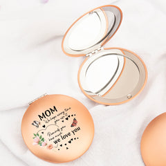 Radiant Elegance: Rose Gold, Round UFO-Shaped Makeup Mirror with Magnetic Clasp, 7cm. Surface Imprinted with Heartfelt Blessings for Mom. Vibrant Color Printing. Perfect for Gifting on Mom's Special Occasions—Holidays, Birthdays, and More!