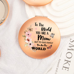 Radiant Elegance: Rose Gold, Round UFO-Shaped Makeup Mirror with Magnetic Clasp, 7cm. Surface Imprinted with Heartfelt Blessings for Mom. Vibrant Color Printing. Perfect for Gifting on Mom's Special Occasions—Holidays, Birthdays, and More!